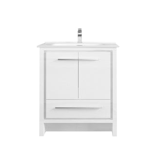 30" Glossy White Freestanding Single Sink Bathroom Vanity with White Ceramic Countertop