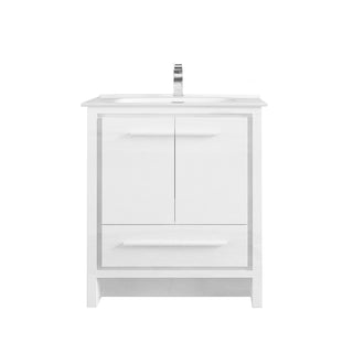 30" Glossy White Freestanding Single Sink Bathroom Vanity with White Ceramic Countertop