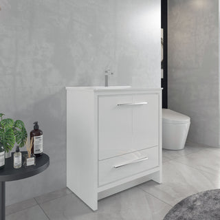 30" Glossy White Freestanding Single Sink Bathroom Vanity with White Ceramic Countertop