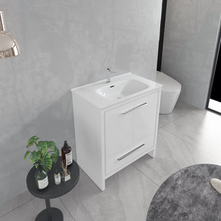 30" Glossy White Freestanding Single Sink Bathroom Vanity with White Ceramic Countertop