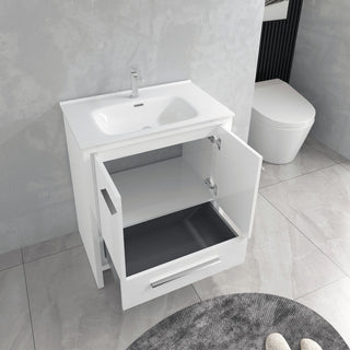 30" Glossy White Freestanding Single Sink Bathroom Vanity with White Ceramic Countertop