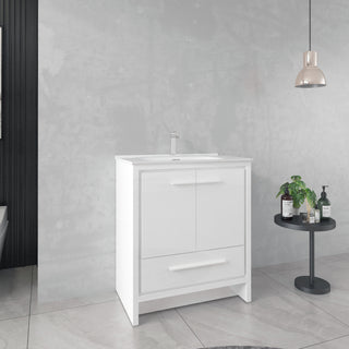 30" Glossy White Freestanding Single Sink Bathroom Vanity with White Ceramic Countertop