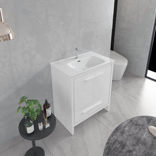 30" Glossy White Freestanding Single Sink Bathroom Vanity with White Ceramic Countertop