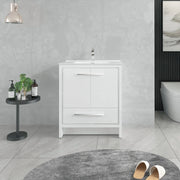 30" Matte White Freestanding Single Sink Bathroom Vanity with White Ceramic Countertop