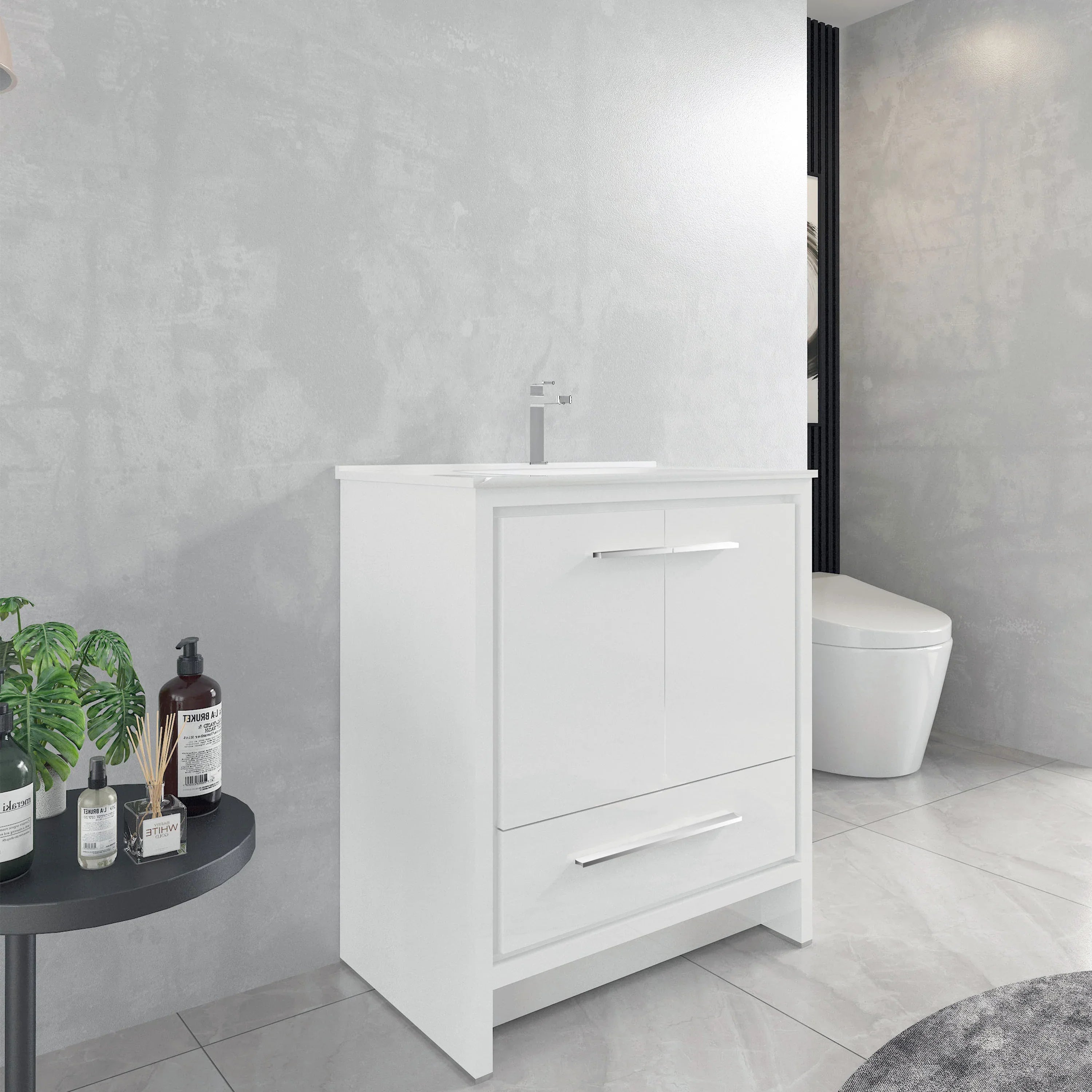 30" Matte White Freestanding Single Sink Bathroom Vanity with White Ceramic Countertop