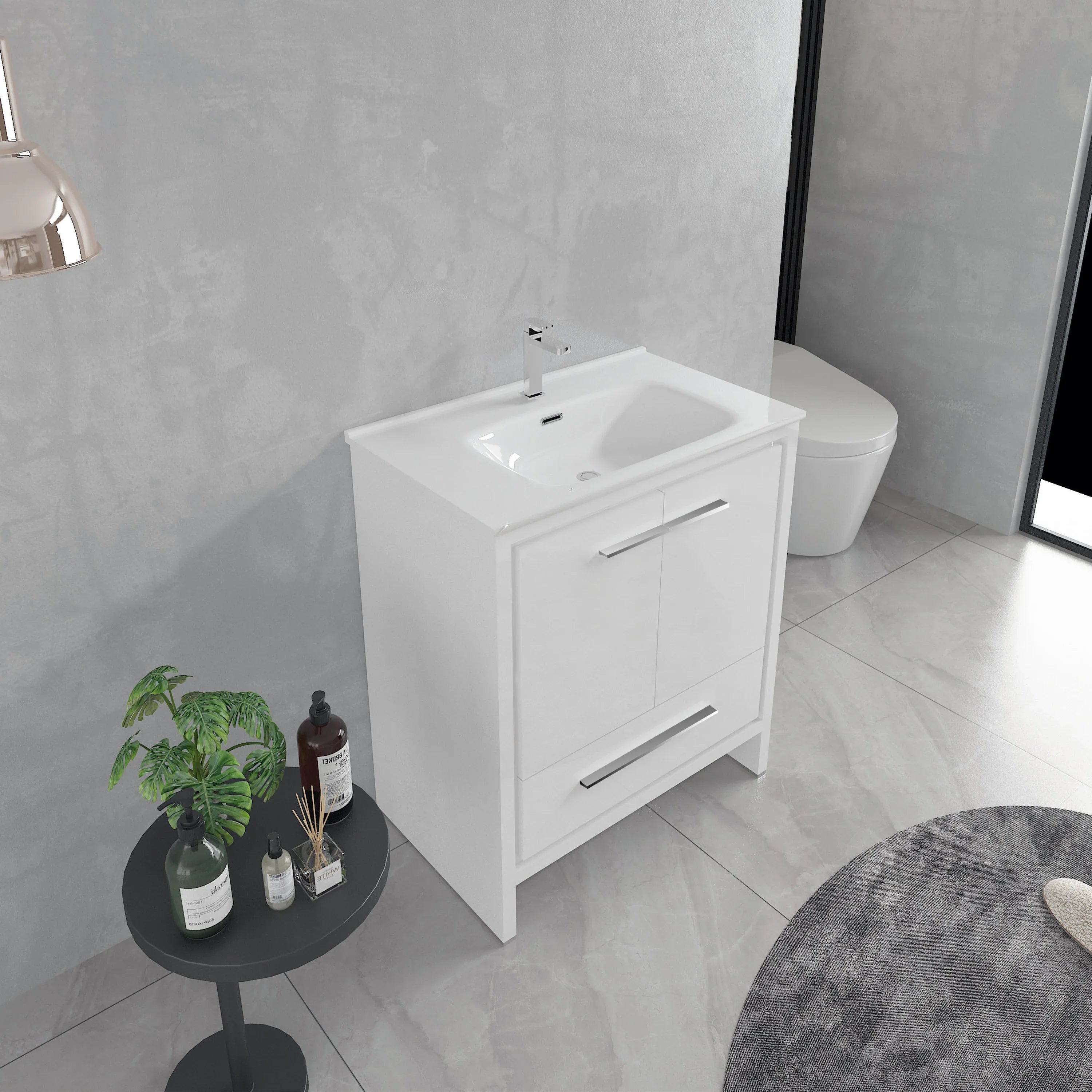 30" Matte White Freestanding Single Sink Bathroom Vanity with White Ceramic Countertop