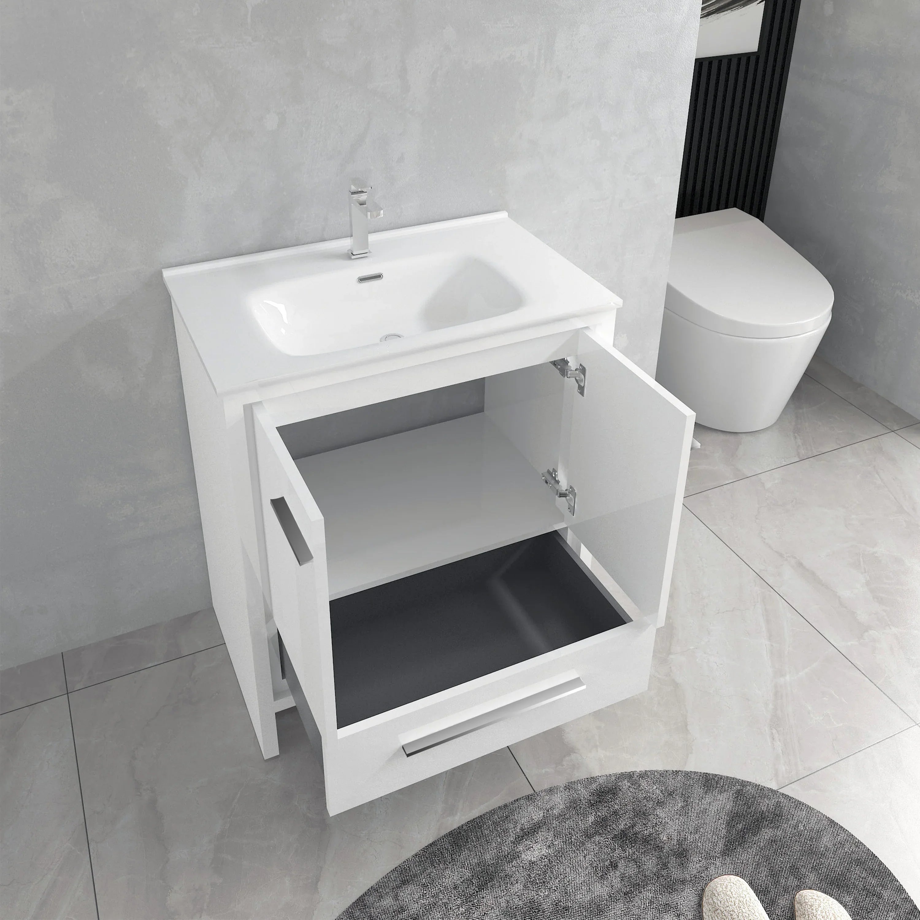 30" Matte White Freestanding Single Sink Bathroom Vanity with White Ceramic Countertop