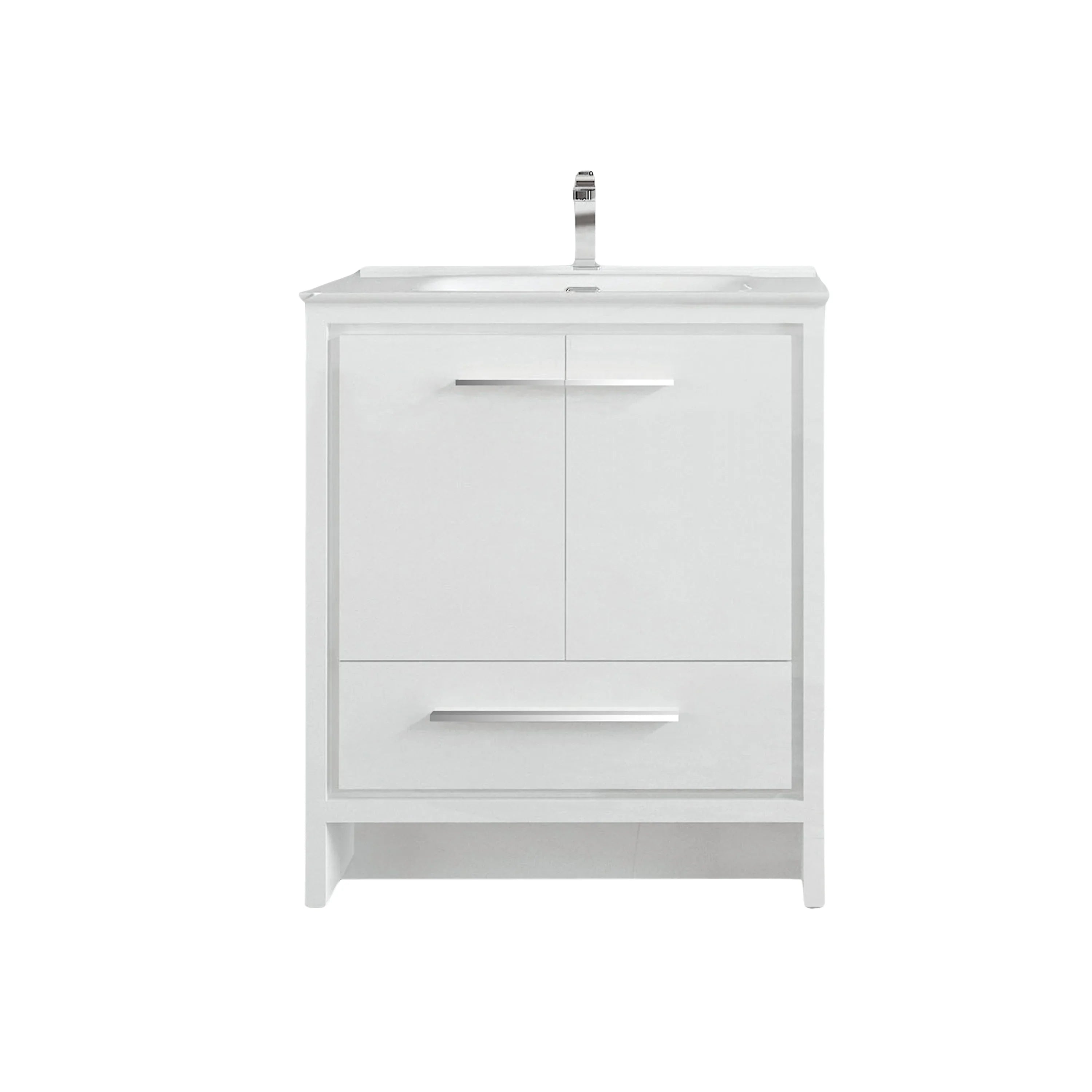 30" Matte White Freestanding Single Sink Bathroom Vanity with White Ceramic Countertop