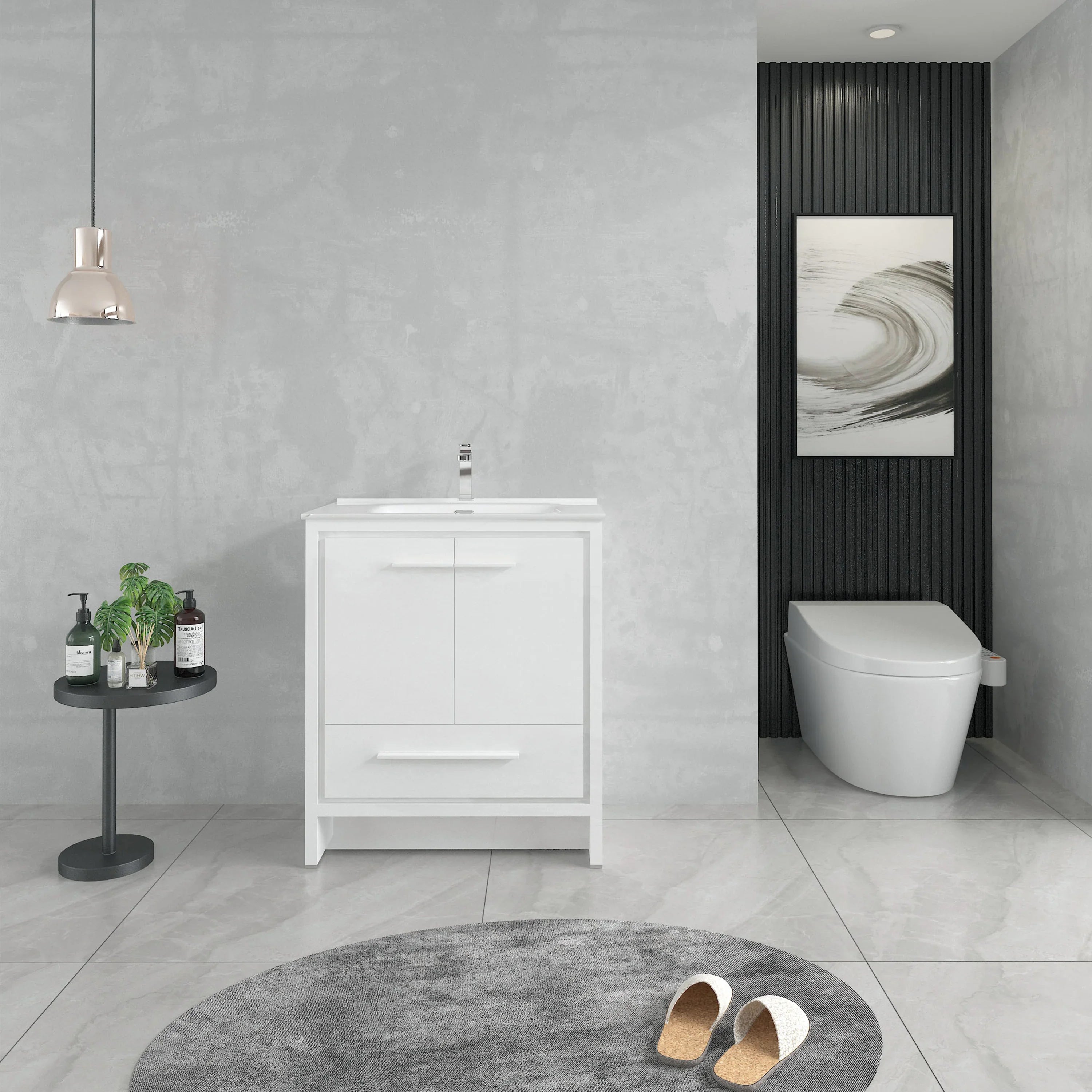 30" Matte White Freestanding Single Sink Bathroom Vanity with White Ceramic Countertop