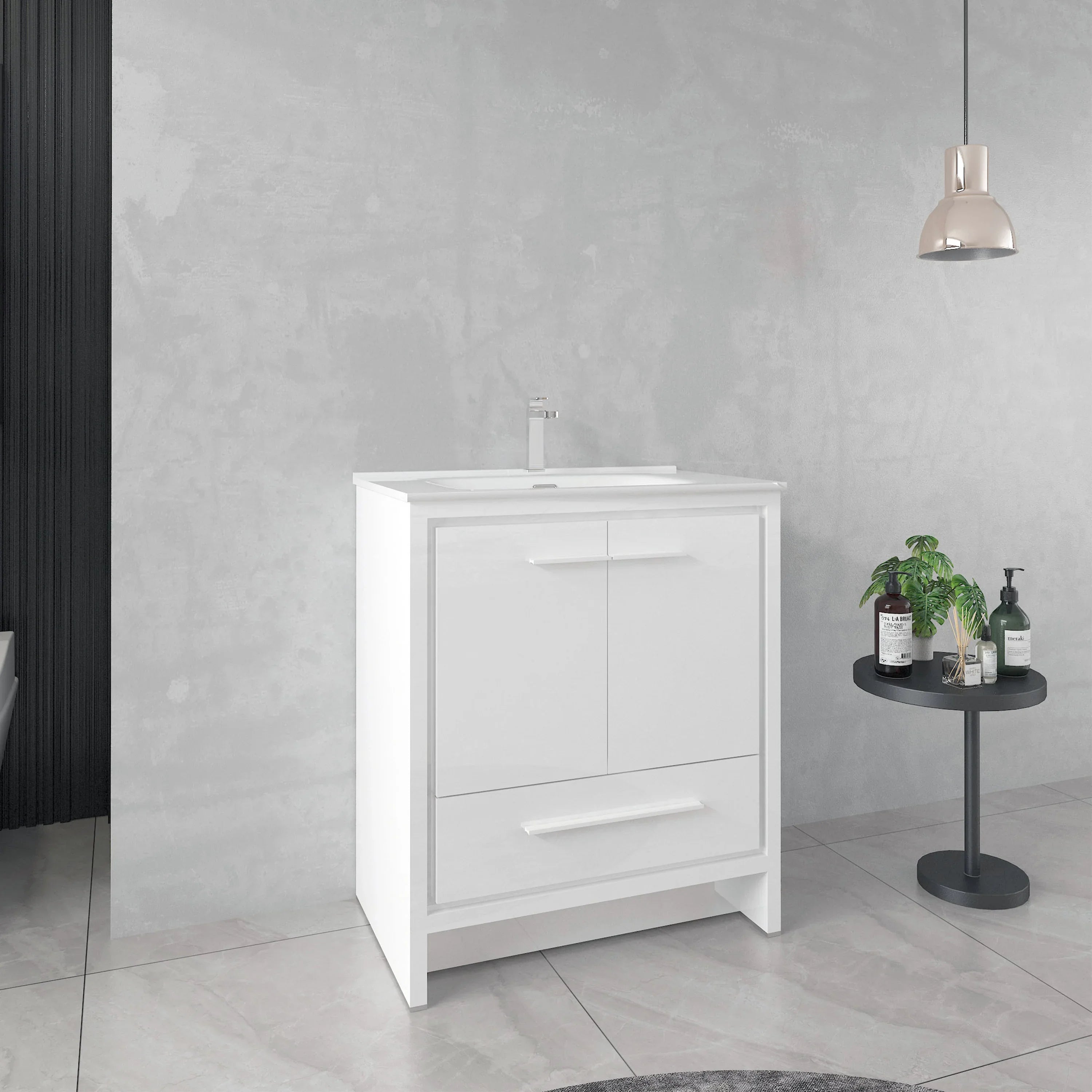 30" Matte White Freestanding Single Sink Bathroom Vanity with White Ceramic Countertop