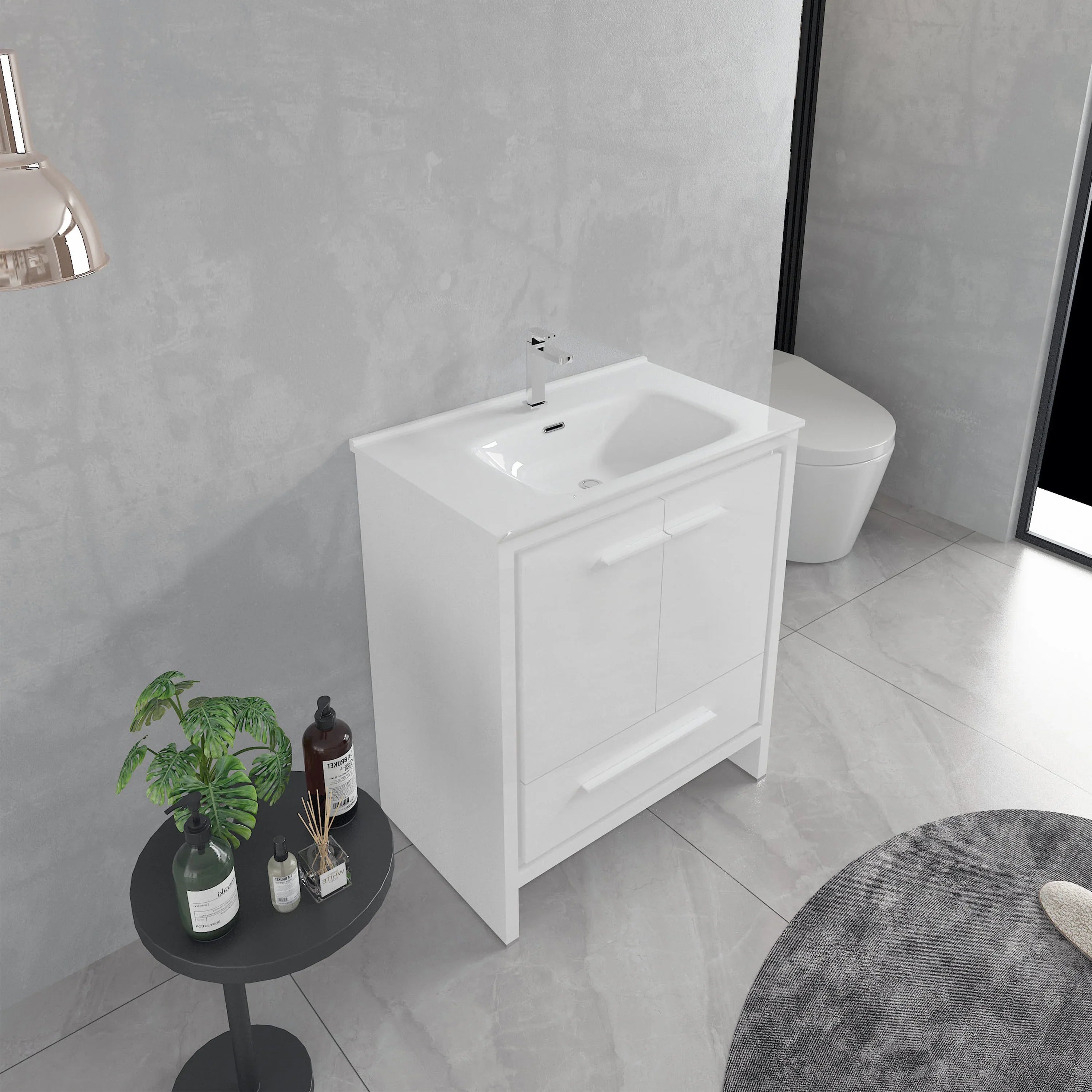 30" Matte White Freestanding Single Sink Bathroom Vanity with White Ceramic Countertop