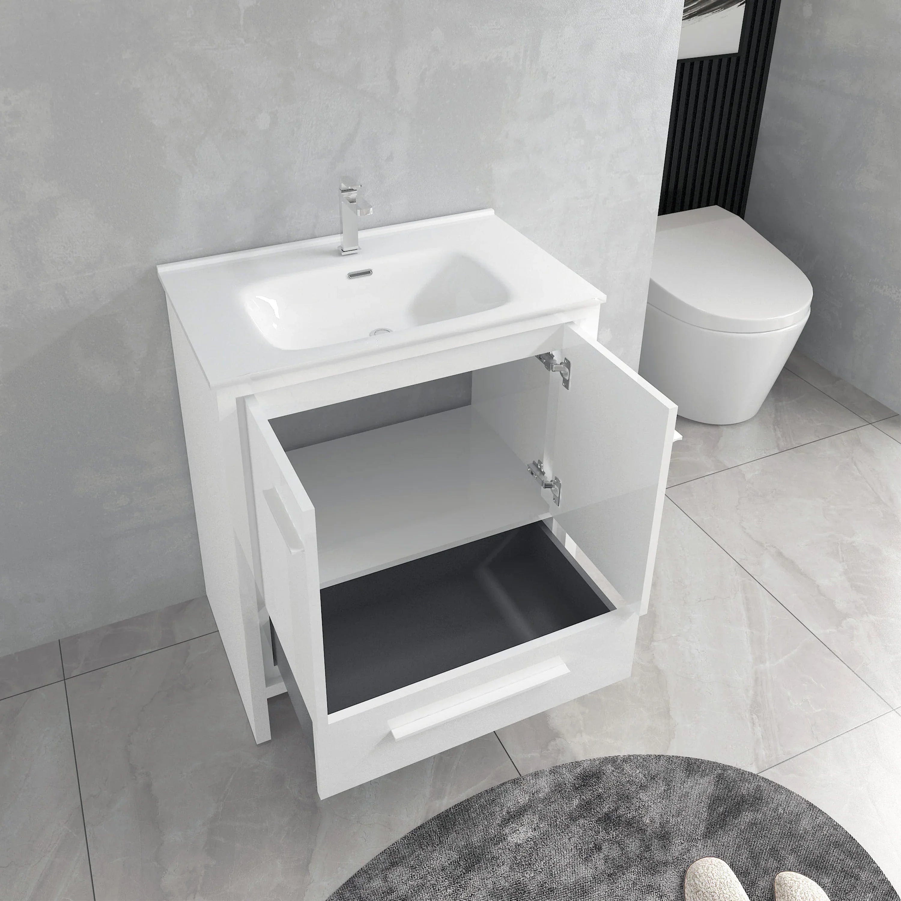30" Matte White Freestanding Single Sink Bathroom Vanity with White Ceramic Countertop