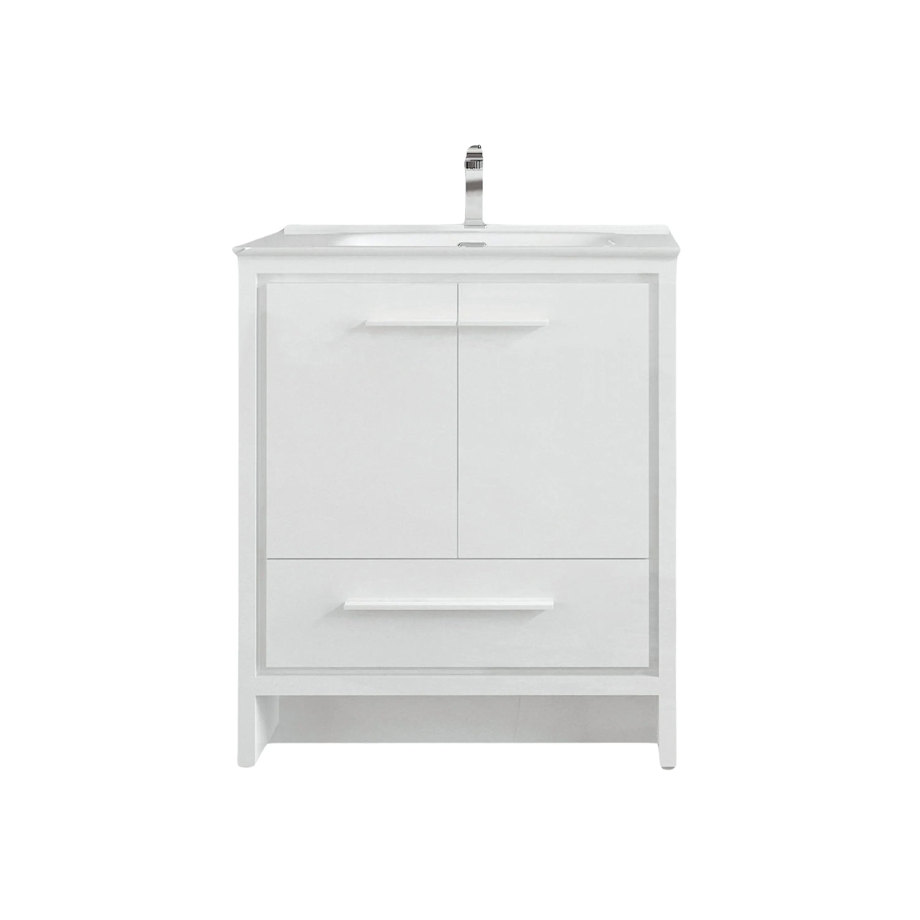 30" Matte White Freestanding Single Sink Bathroom Vanity with White Ceramic Countertop