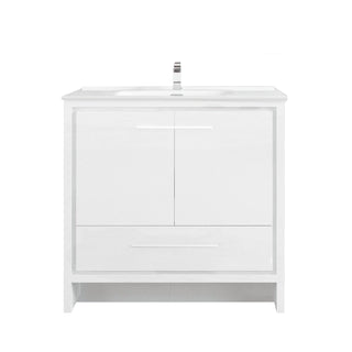 Meuble-Lavabo Autoportant 36po Blanc Brillant avec Comptoir de Céramique Blanc