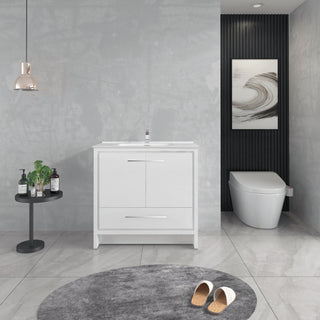 Meuble-Lavabo Autoportant 36po Blanc Brillant avec Comptoir de Céramique Blanc