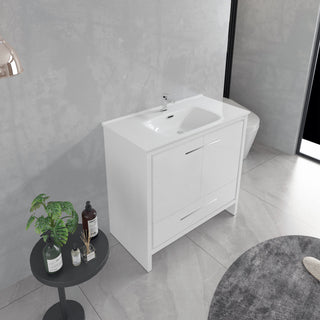 Meuble-Lavabo Autoportant 36po Blanc Brillant avec Comptoir de Céramique Blanc