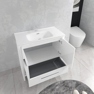 Meuble-Lavabo Autoportant 36po Blanc Brillant avec Comptoir de Céramique Blanc