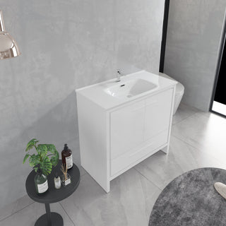 Meuble-Lavabo Autoportant 36po Blanc Brillant avec Comptoir de Céramique Blanc