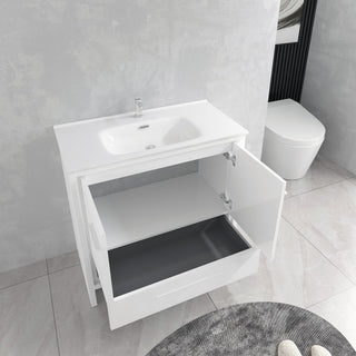 Meuble-Lavabo Autoportant 36po Blanc Brillant avec Comptoir de Céramique Blanc