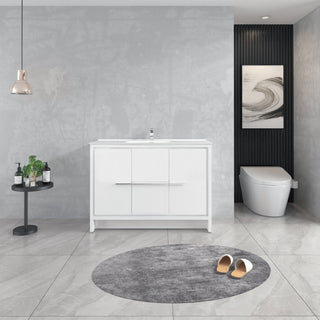 Meuble-Lavabo Autoportant 48po Blanc Brillant avec Comptoir de Polymarbre Blanc