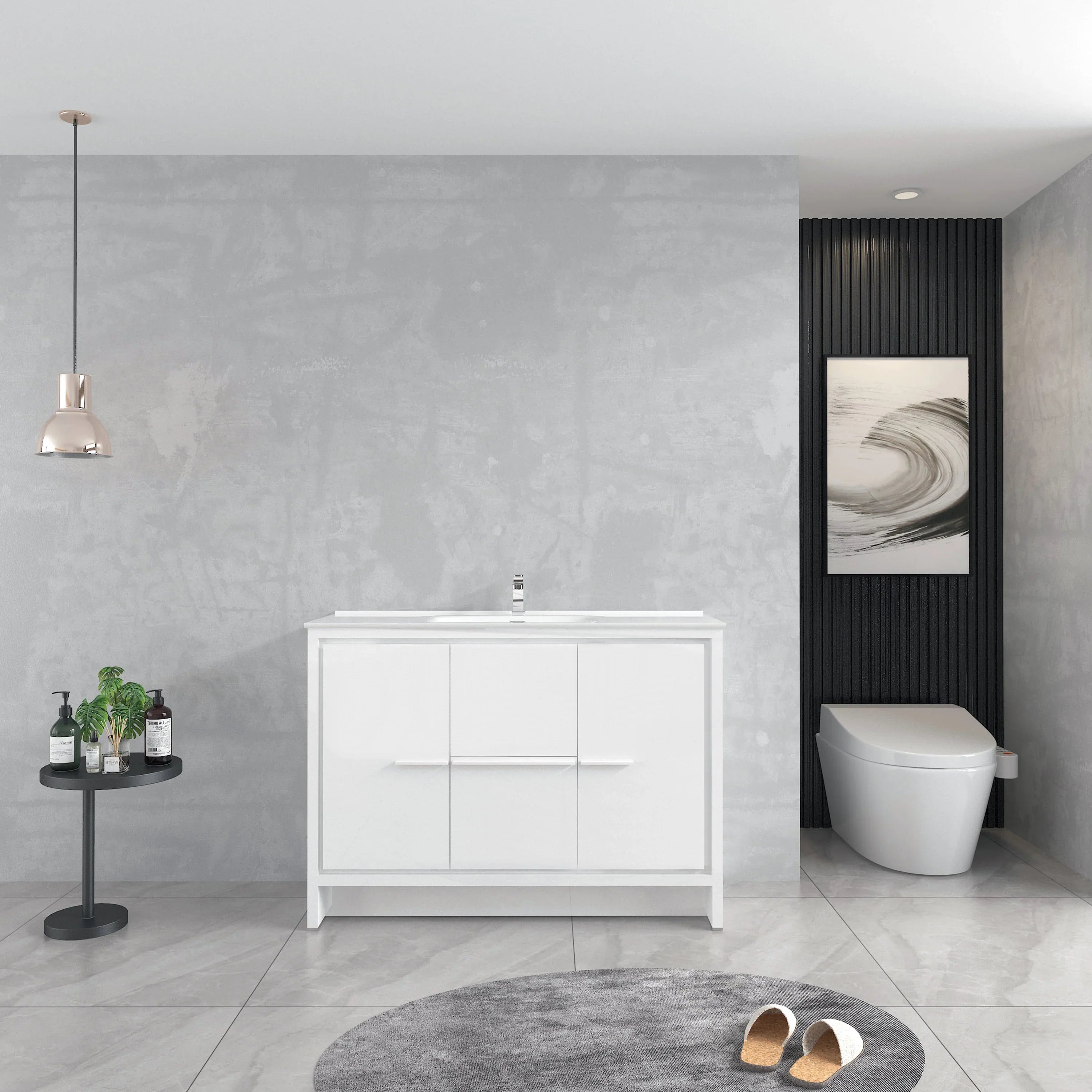 Meuble Lavabo Autoportant 48po Blanc Mat avec Comptoir Céramique Blanc
