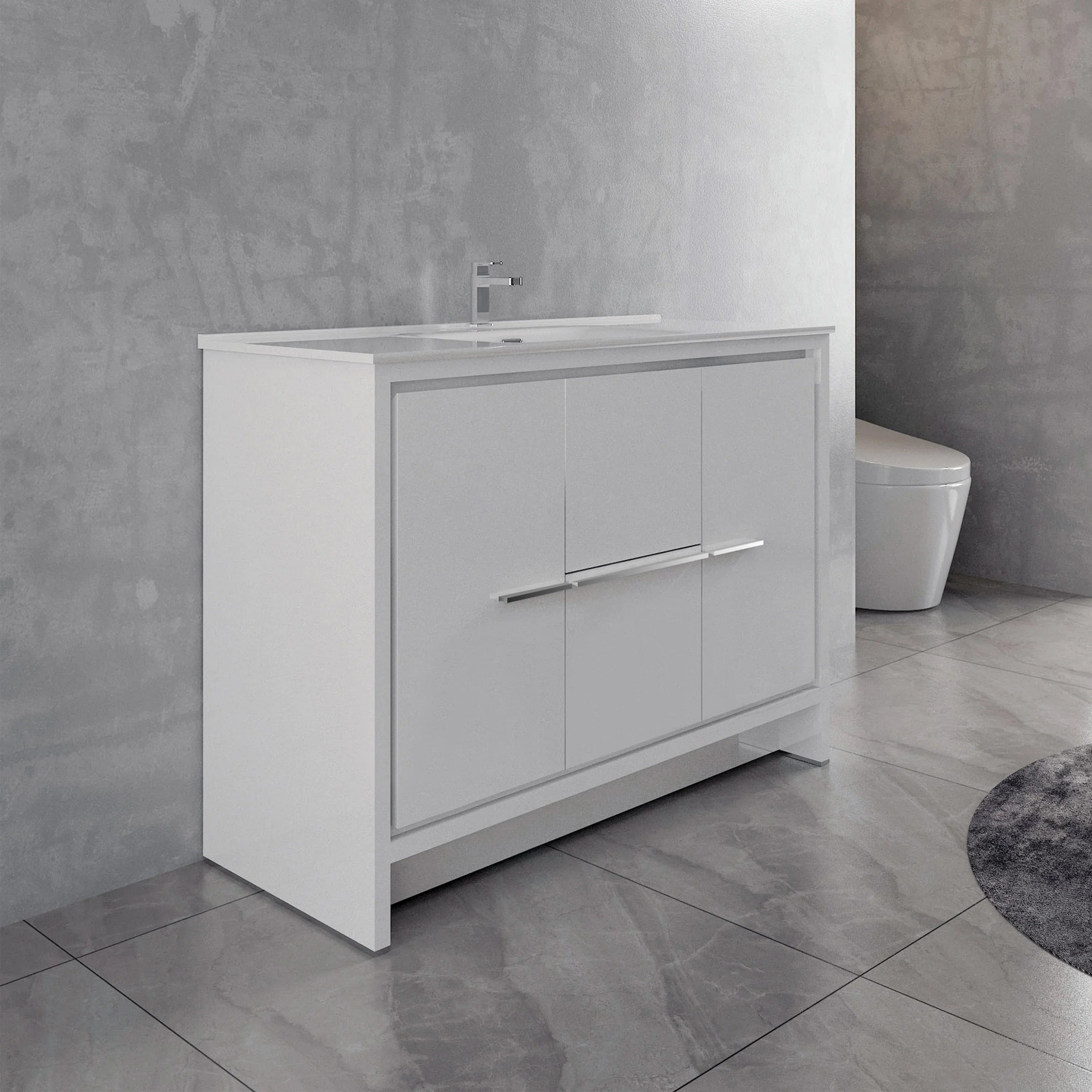 Meuble Lavabo Autoportant 48po Blanc Mat avec Comptoir Céramique Blanc