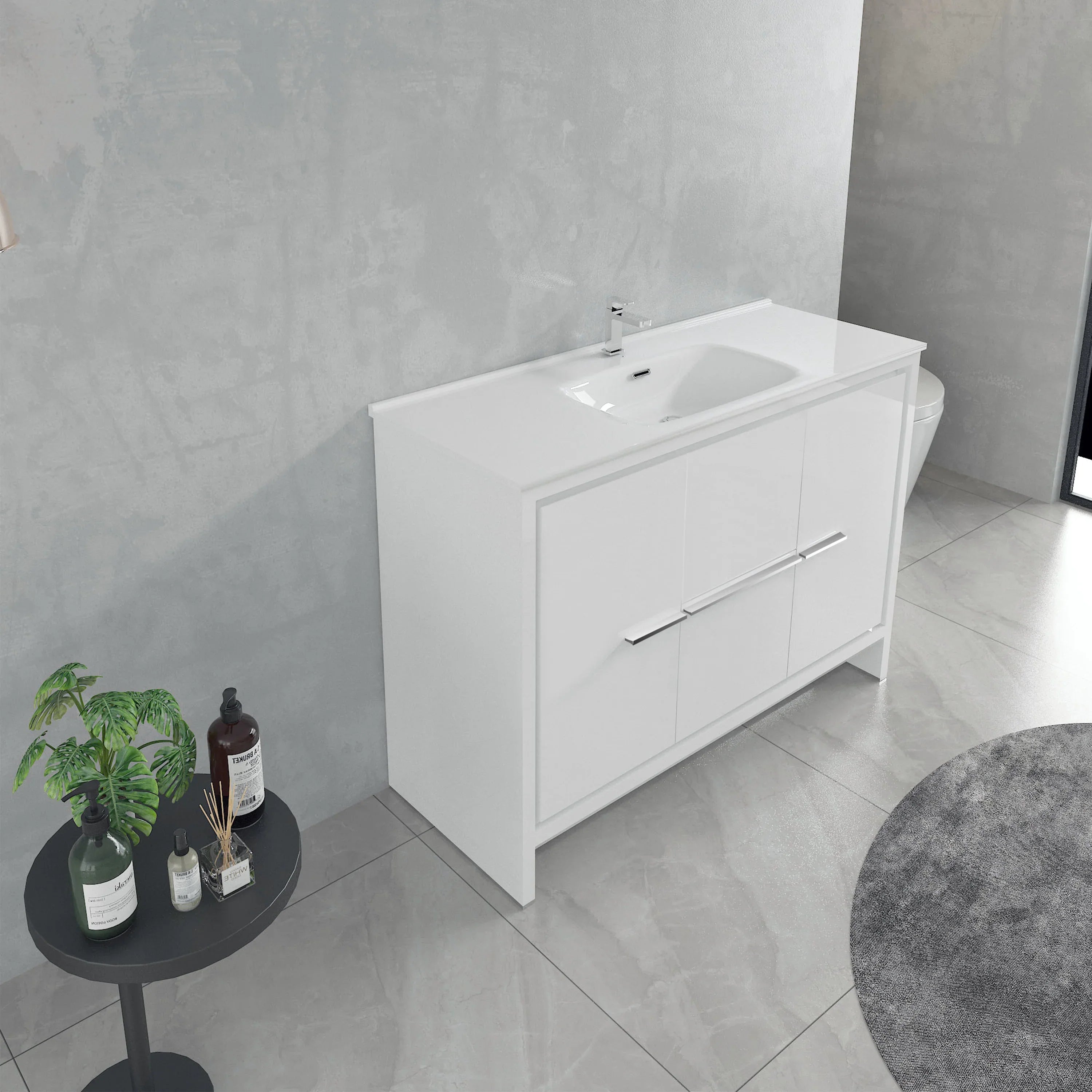 Meuble Lavabo Autoportant 48po Blanc Mat avec Comptoir Céramique Blanc