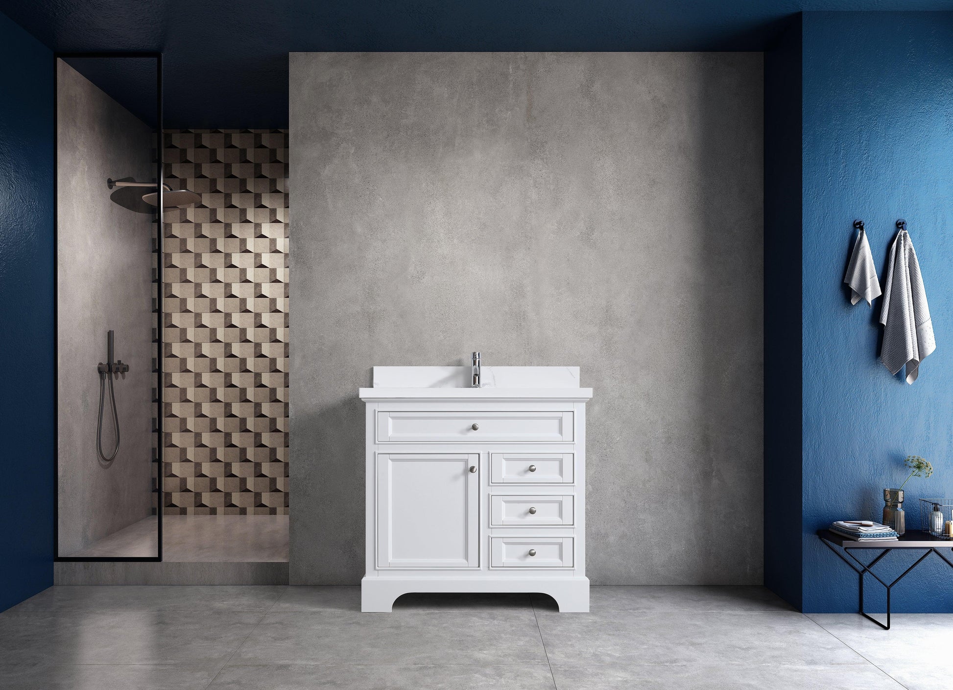 36" White Freestanding Single Sink Bathroom Vanity with Engineered Calcutta Marble Countertop - Golden Elite Deco