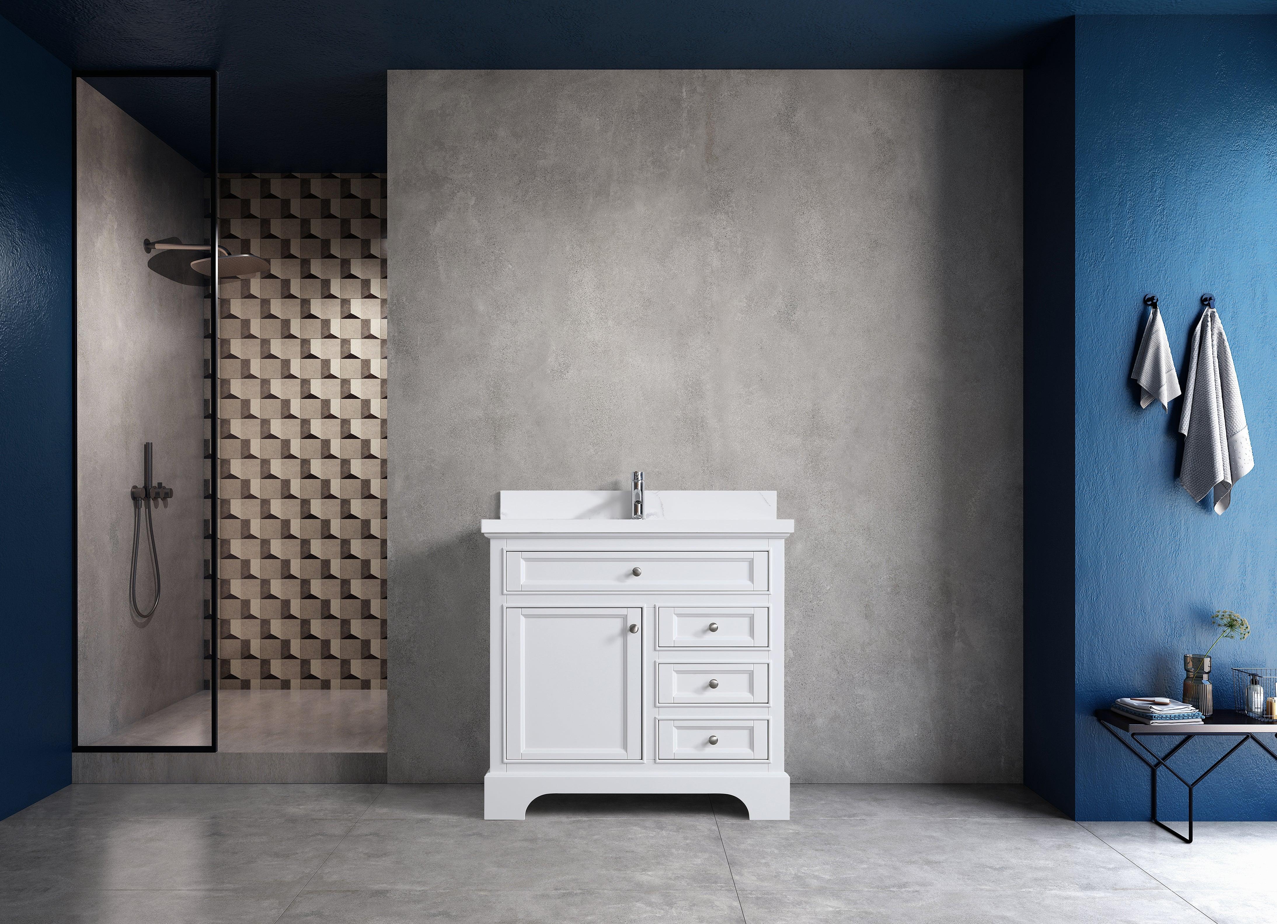 36" White Freestanding Single Sink Bathroom Vanity with Engineered Calcutta Marble Countertop - Golden Elite Deco