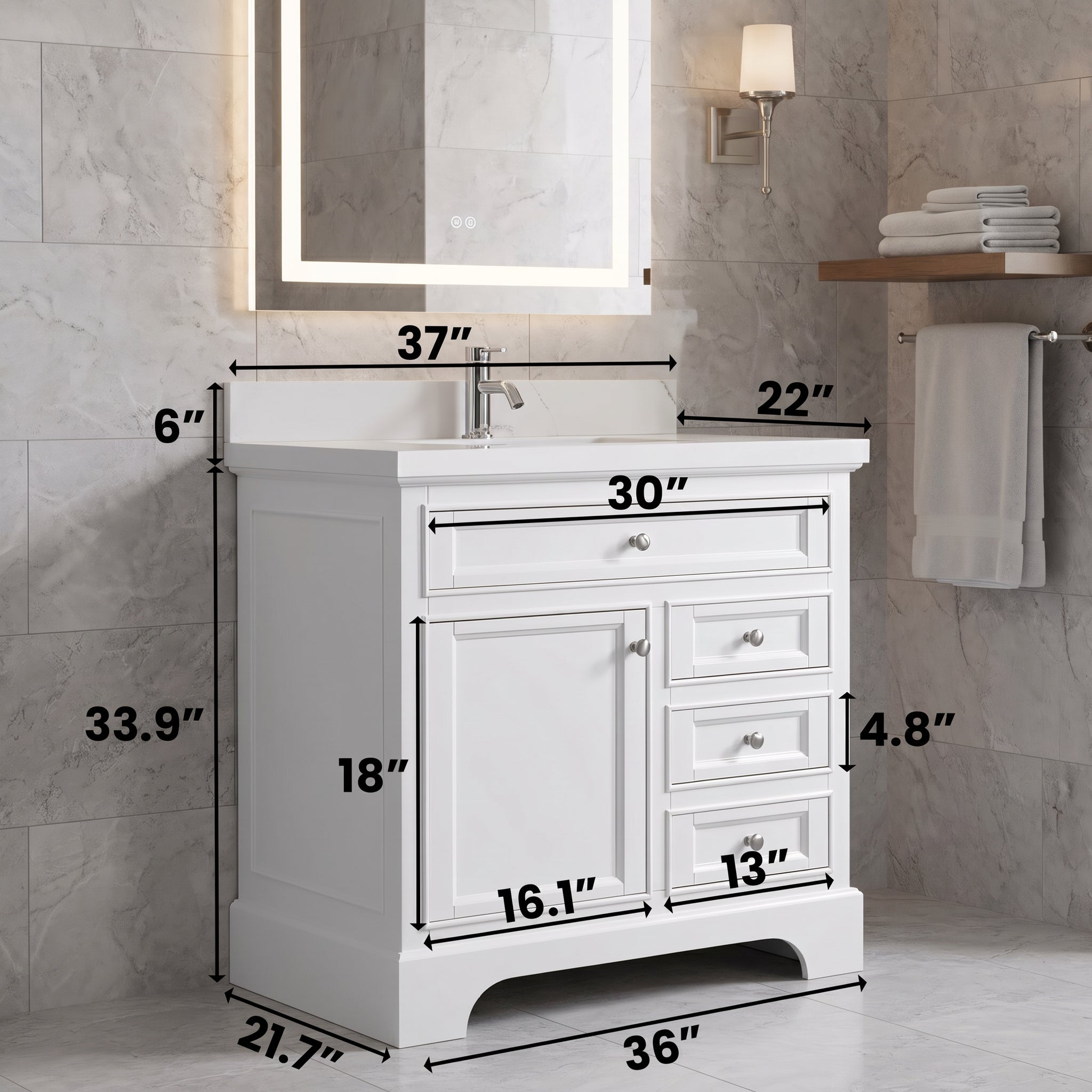 36" White Freestanding Single Sink Bathroom Vanity with Engineered Calcutta Marble Countertop