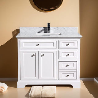 42" White Freestanding Bathroom Vanity with Carrera Marble Countertop - Golden Elite Deco