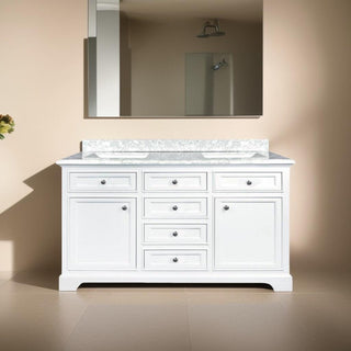 60" White Freestanding Double Sink Bathroom Vanity with Carrera Marble Countertop Milan - Golden Elite Deco