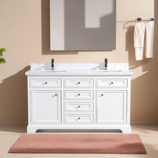 60" White Freestanding Double Sink Bathroom Vanity with Calcutta Quartz Countertop - Golden Elite Deco