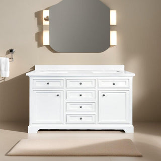 60" White Freestanding Double Sink Bathroom Vanity with Snow White Quartz Countertop - Golden Elite Deco