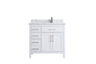 36" White Freestanding Single Sink Bathroom Vanity with Calcutta Quartz Countertop