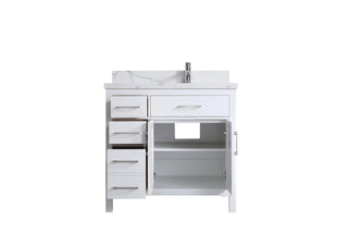 36" White Freestanding Single Sink Bathroom Vanity with Calcutta Quartz Countertop