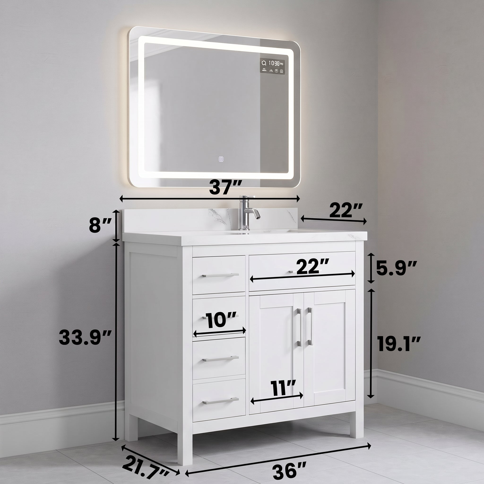 36" White Freestanding Single Sink Bathroom Vanity with Engineered Calcutta Marble Countertop