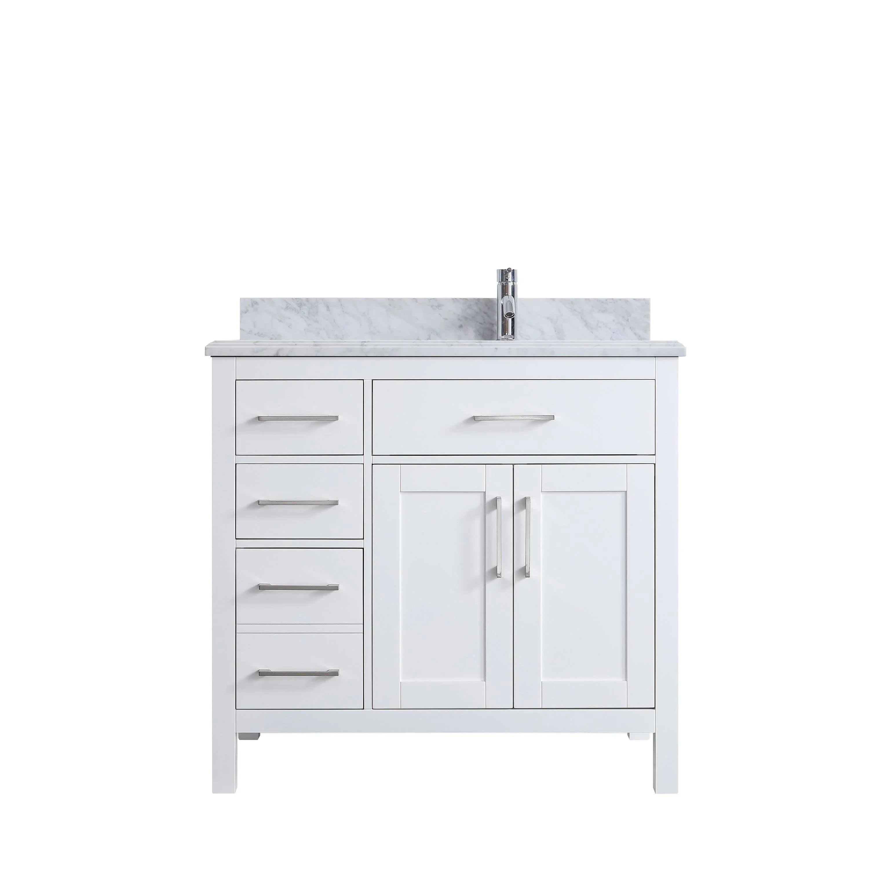 36" White Freestanding Single Sink Bathroom Vanity with Carrera Marble Countertop