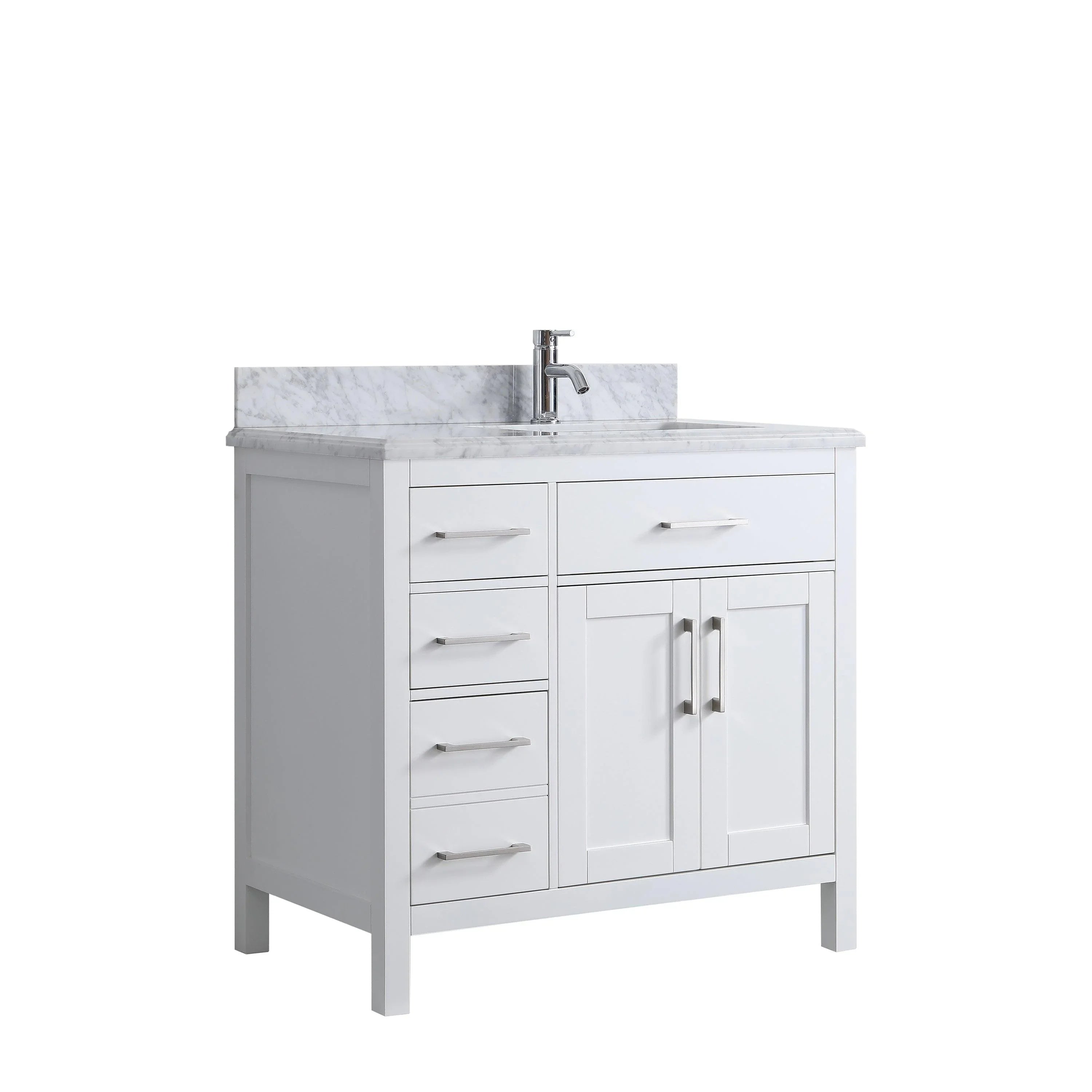 36" White Freestanding Single Sink Bathroom Vanity with Carrera Marble Countertop