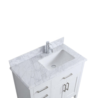 36" White Freestanding Single Sink Bathroom Vanity with Carrera Marble Countertop