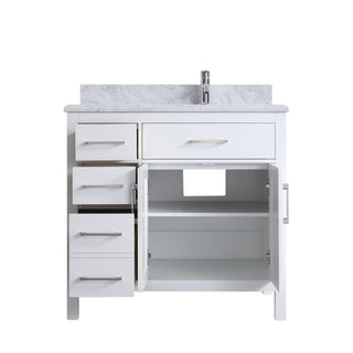 36" White Freestanding Single Sink Bathroom Vanity with Carrera Marble Countertop