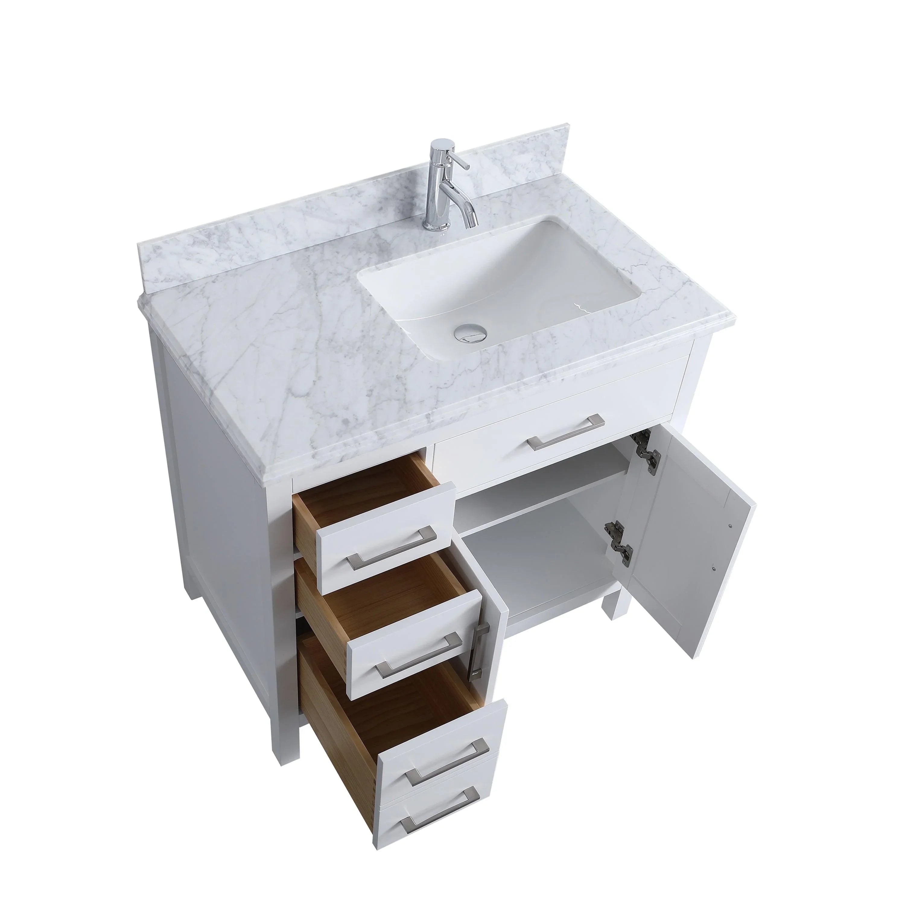 36" White Freestanding Single Sink Bathroom Vanity with Carrera Marble Countertop