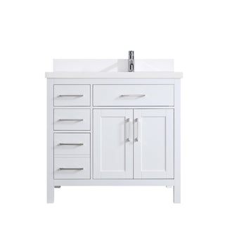 36" White Freestanding Single Sink Bathroom Vanity with Snow White Quartz Countertop