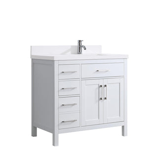 36" White Freestanding Single Sink Bathroom Vanity with Snow White Quartz Countertop