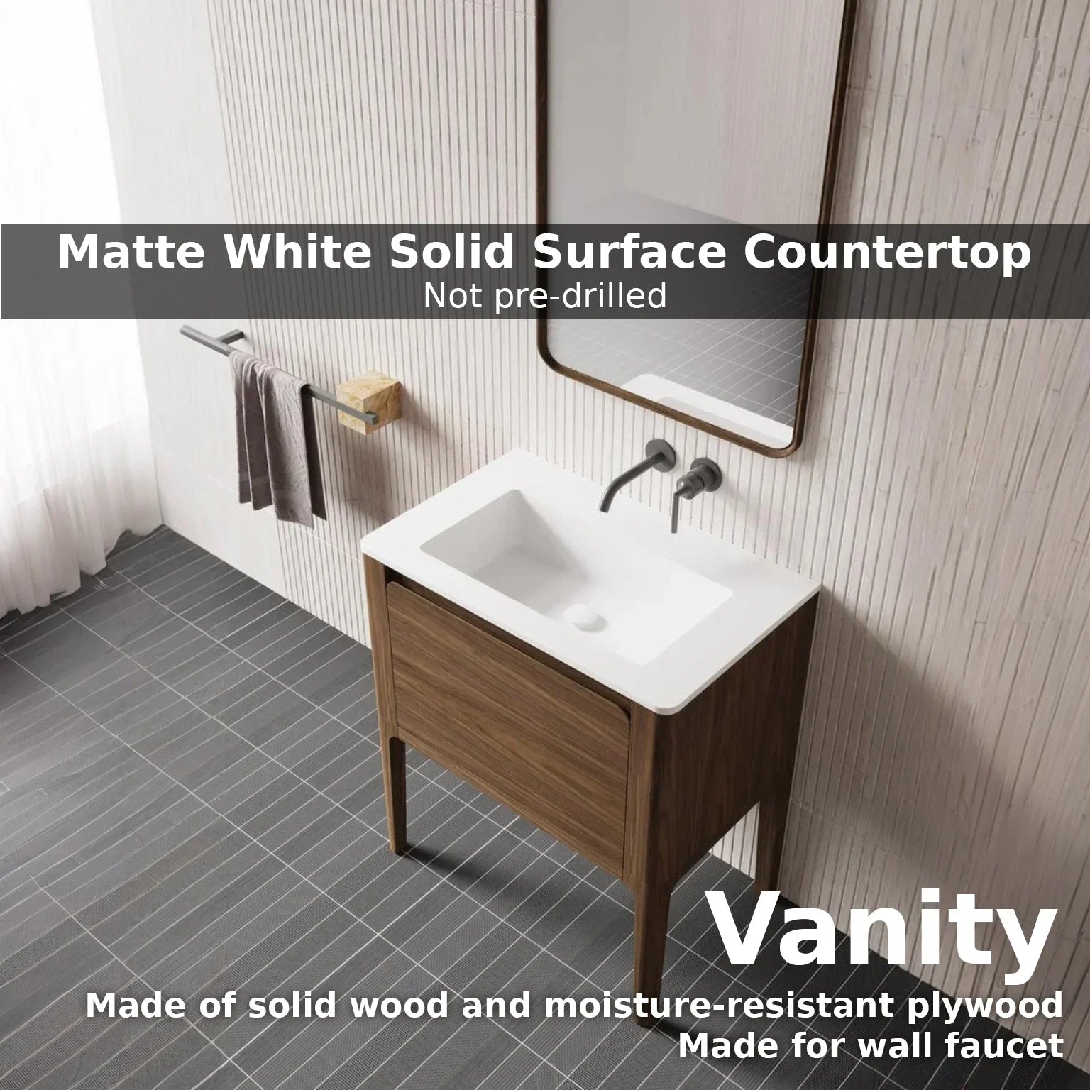 30" Walnut Wall Mount Bathroom Vanity with Matte White Solid Surface Countertop