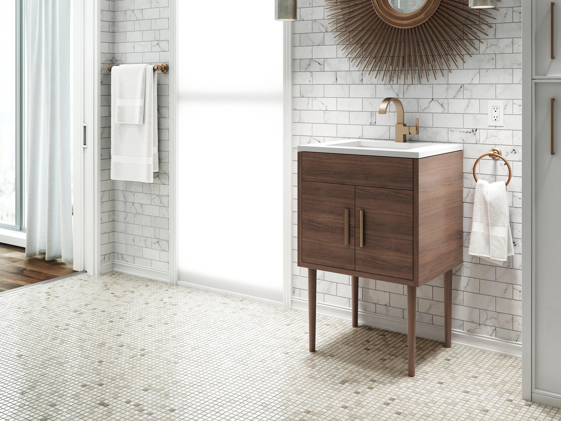 24" Brown Freestanding Bathroom Vanity with White Acrylic Countertop : Garland - Golden Elite Deco