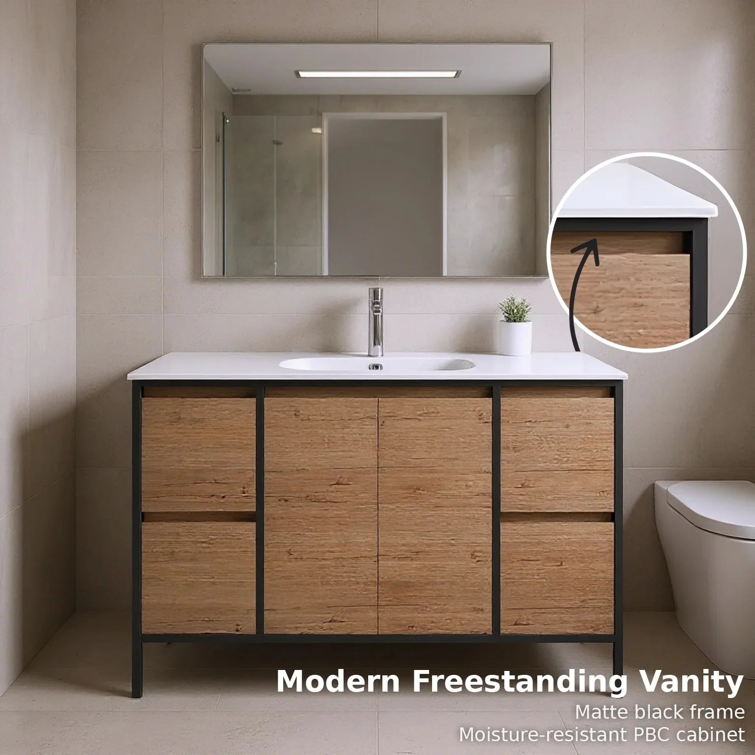 48" Rough Oak Freestanding Single Sink Bathroom Vanity with White Ceramic Countertop and Black Metal Frame