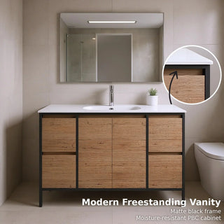 48" Rough Oak and Black Metal Frame Freestanding Single Sink Bathroom Vanity with White Ceramic Countertop