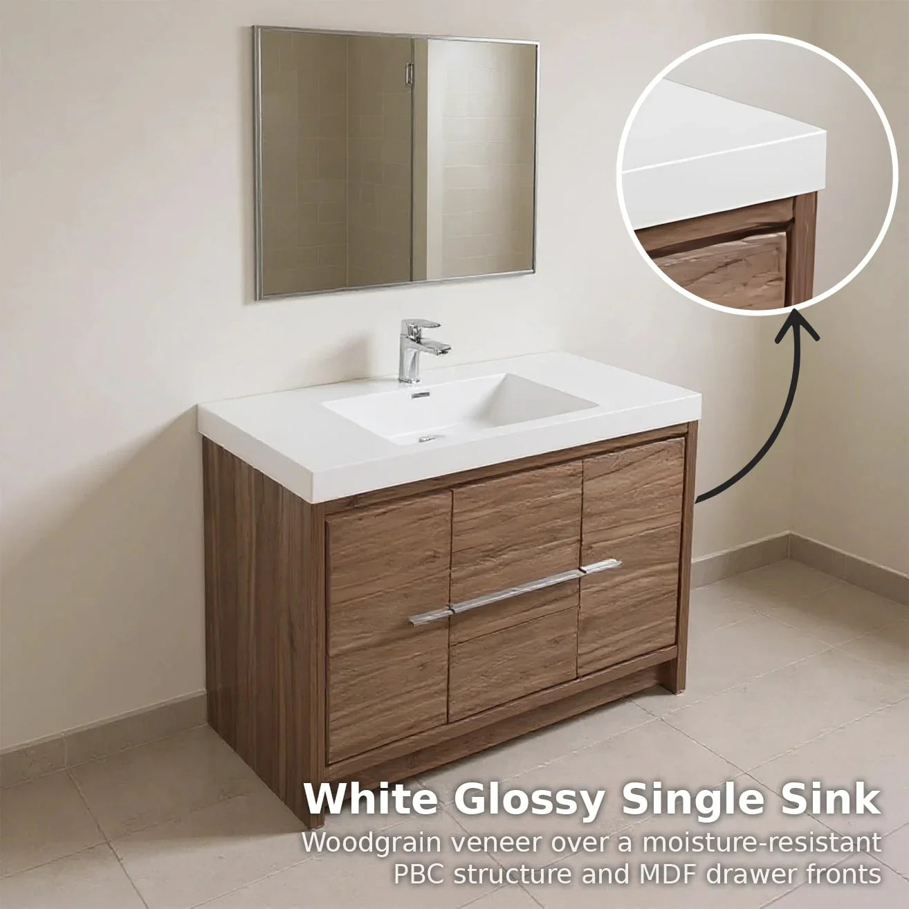 42" Walnut Freestanding Bathroom Vanity with White Polymarble Countertop