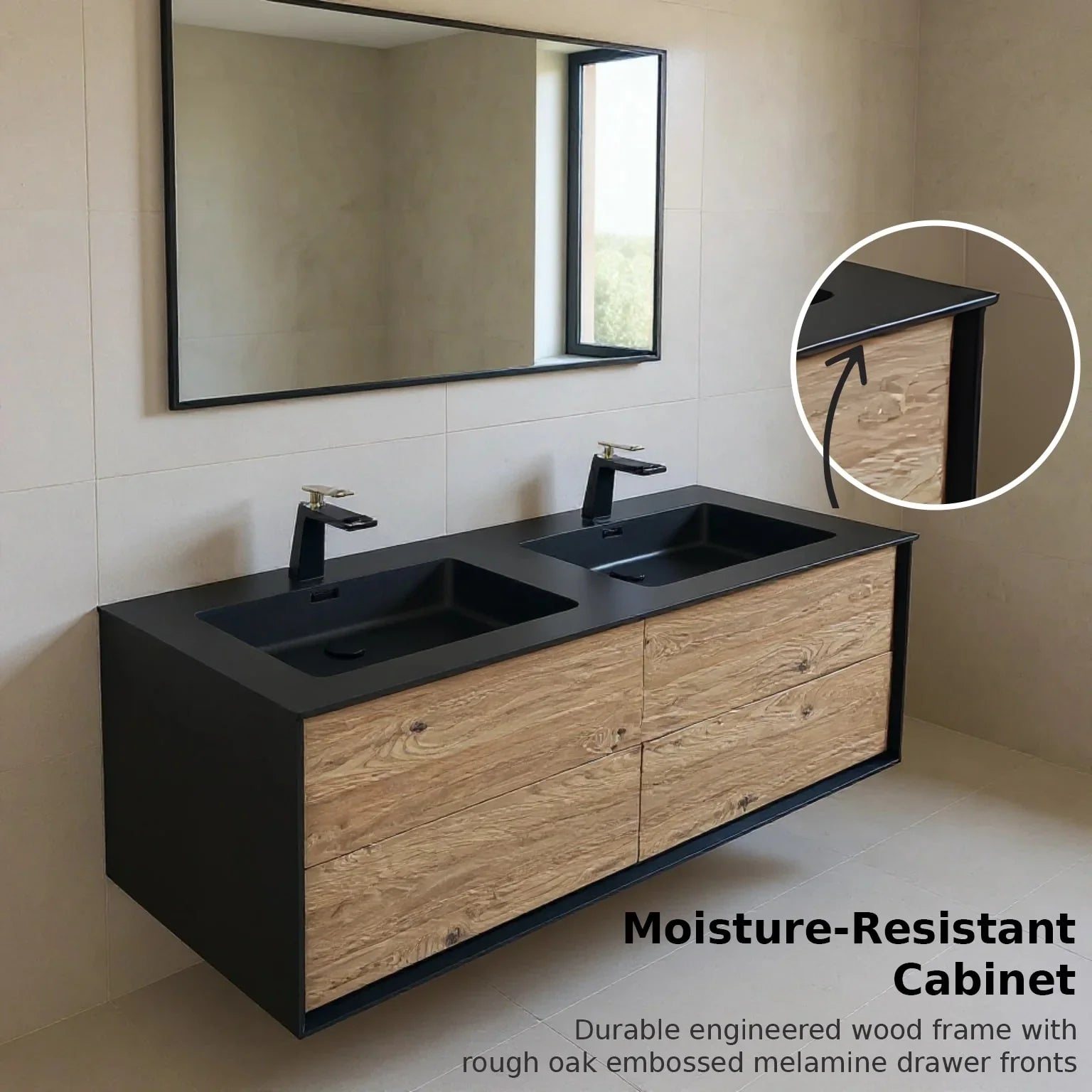 60" Black & Rough Oak Wall Mount Double Sink Bathroom Vanity with Black Engineered Quartz Countertop